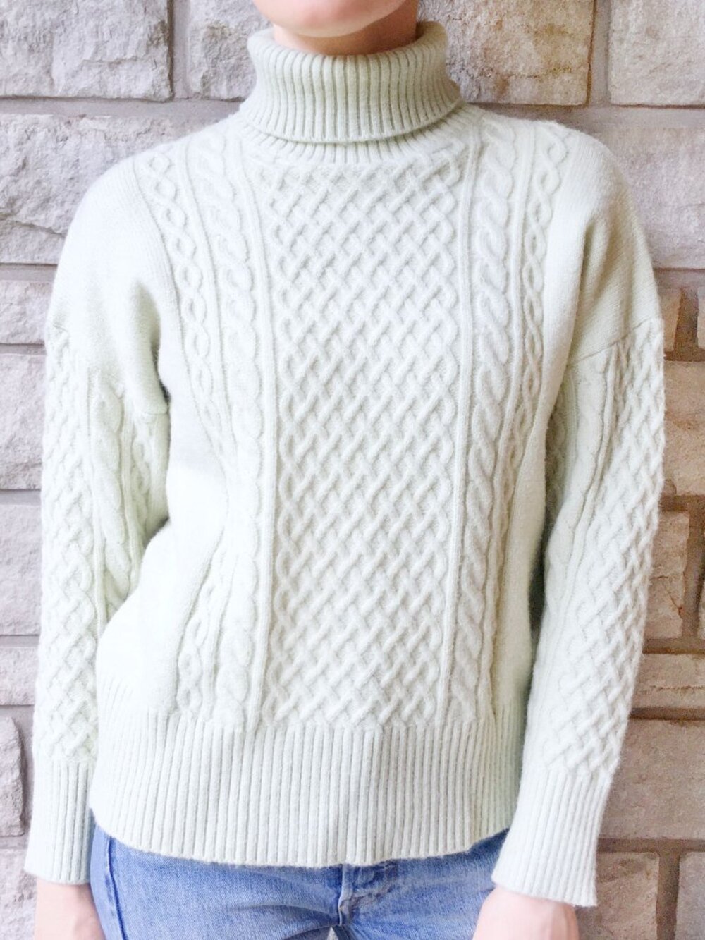 Sage Green Aran Knit Turtleneck - Wool Blend